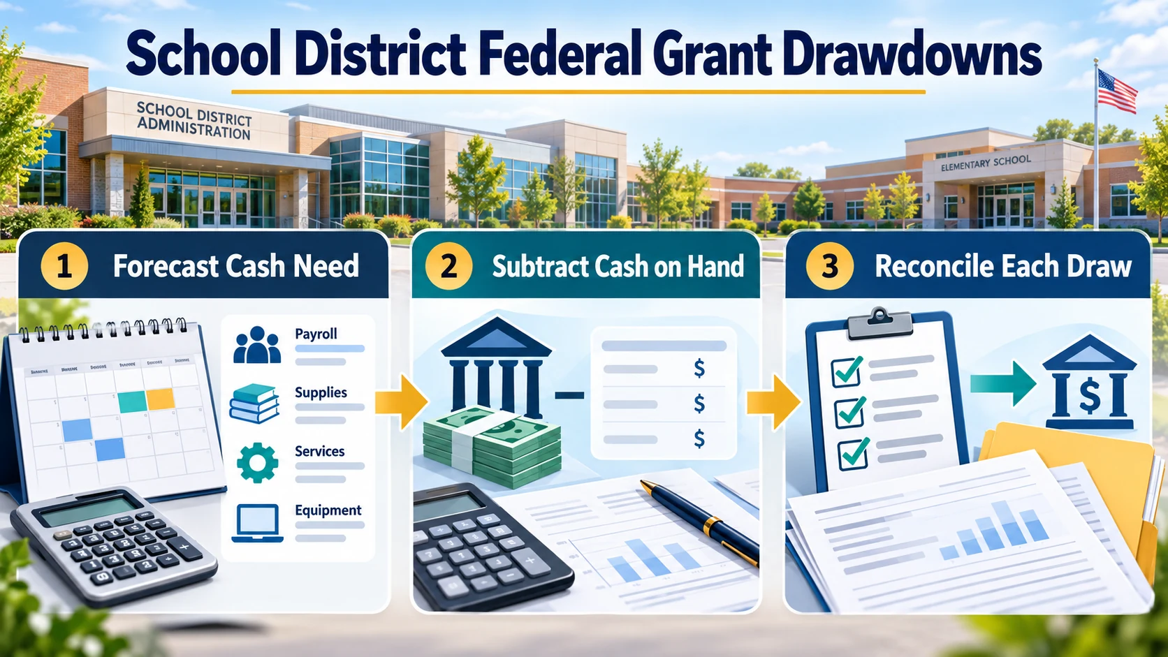 School district federal grant drawdowns infographic: forecast cash need, subtract cash on hand, and reconcile each draw.