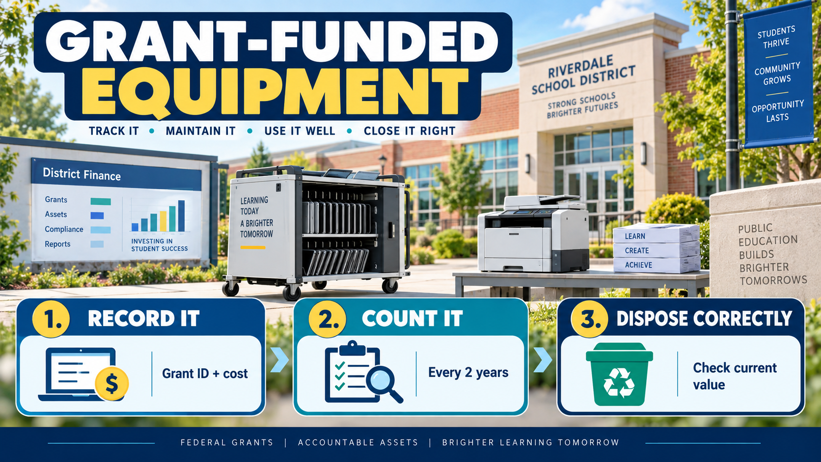 Infographic showing grant-funded school equipment at a district campus with panels for recording assets, counting every two years, and checking value before disposal
