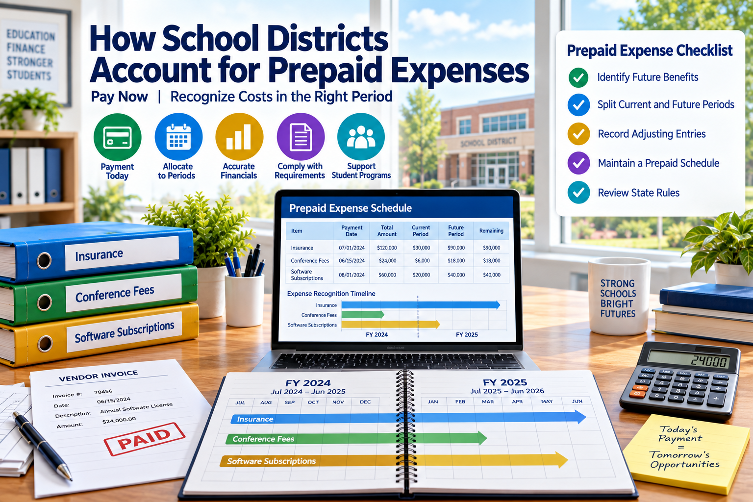 School district prepaid expense checklist showing current and future fiscal-period allocation