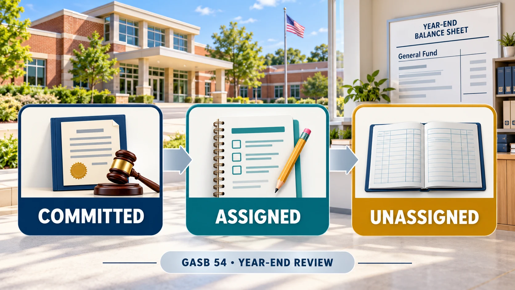 School district infographic with committed, assigned, and unassigned fund balance panels for a GASB 54 year-end review