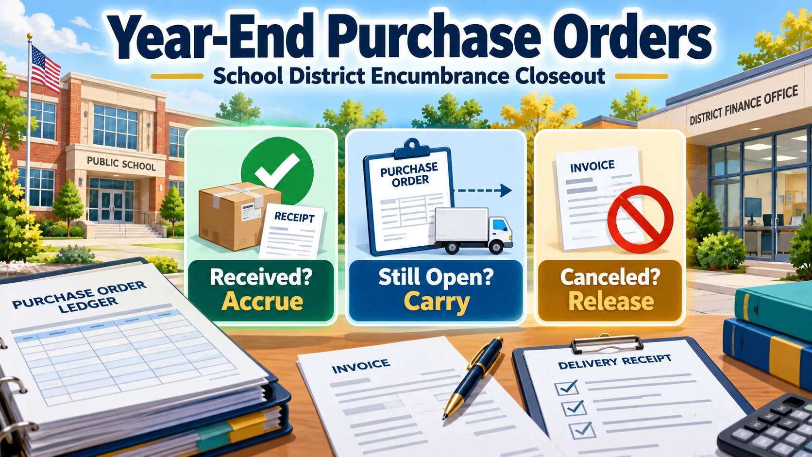 Year-end school district purchase order infographic with received accrue, still open carry, and canceled release panels beside a public school and finance office