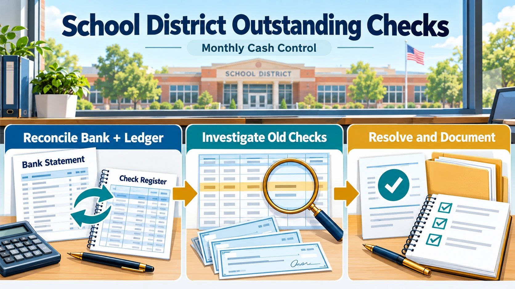 School district outstanding checks infographic showing reconcile bank and ledger, investigate old checks, and resolve and document steps