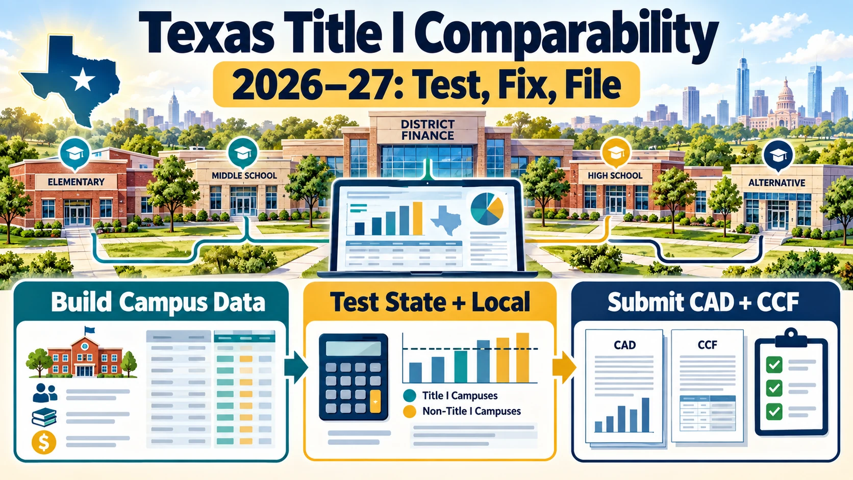 Texas Title I comparability infographic with school campuses and three steps: build campus data, test state and local resources, submit CAD and CCF